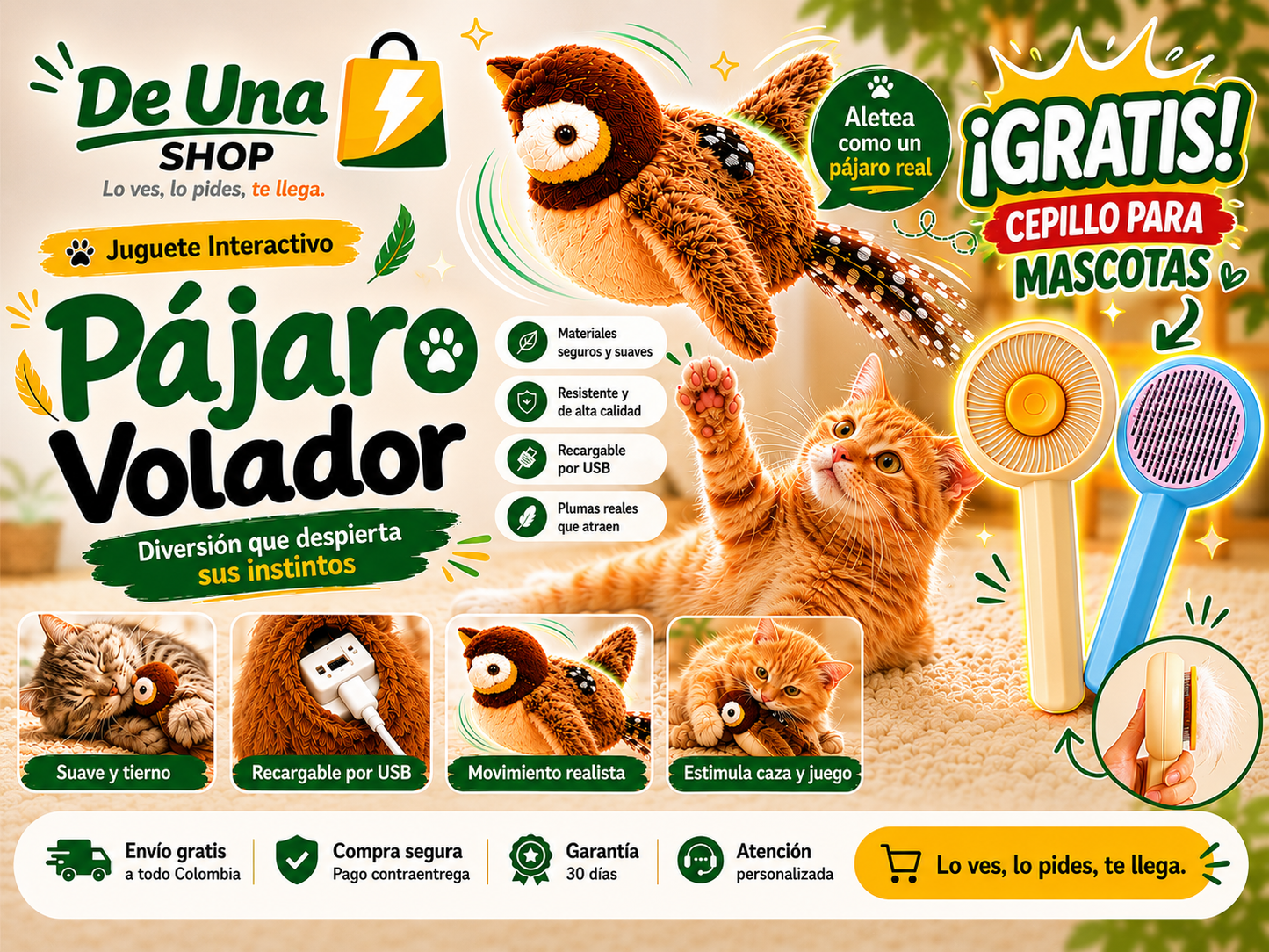 Pájaro Volador Para Gatos + Gratis Cepillo Para Mascotas